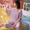 Lazy Princess Style Summer Bomull Kvinnor Pyjamas Set Lös Fritid Kortärmad Top + Pant Sleepwear Home Tracksuit 210809