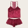Sexy Lingerie Pajama Set Lace Sling 4 Sizes Summer Sleeveless V Neck Red Lace Shorts Pijama Home Suit for Women Q0706
