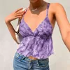 Paisley Wave Drukowane Y2K Mesh Bandaż Camis Crop Topy Dla Dziewczyn z cienkim paskiem Sexy Kobiety Summer Backless V Neck Shirt Tee 210510