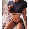 Bikinx Kırpma Üst Leopar Bikini Set T-Shirt Bandaj Kadın Mayo 2021 Banyo Takım Elbise Kadınlar Seksi Tanga Mayo Banyo için Oymak X0522