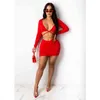 Solid Color Deep V Neck Long Sleeve Bandage Crop Top Tunic Mini Bodycon Dresses Sexy Party And Wedding Women Sets With Skirts 210525