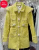 Wełna damska Mieszanki Pearl Flower Tweed Płaszcz Dla Kobiet 2021 Jesień I Zima Żółty Luksusowe Wełniane Zroszony Płaszcze Pani Slim Fit Długie Outwears