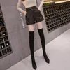 Short femme femme 2022 automne hiver noir PU Faux cuir Vitnage ceintures poches taille haute jambe large pantalon Mujer