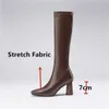 Vierkante Teen Dames Kantoor Laarzen Herfst Winter Knie Hoge Hakken Wide Peen Side Zipper Est Slanke Lange Schoenen Vrouw 210528