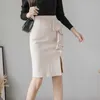 Plus Size Wysoka talia Czarny Spódnica Moda Ruffles Bodycon Sexy Elegancki Koreański Odzież Office Lady Ołówek 210621