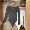 Neploe الخامس الرقبة البلوز طويل الأكمام متماسكة داخلية النساء عالية الخصر الورك نحيل playsuits الربيع أبلى حللا الصلبة 210510