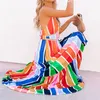 Spaghetti Strap Rainbow Striped Maxi Klänning Sommar Hollow Out Backless Boho Beach Holiday Ruffles Klänningar 210521