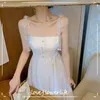 Estilo Coreano Elegante Strap Dress Mulheres Sem Mangas Desenho Floral Dress Fadas Vestido De Feira De Noite Vestido Para Fêmeas Verão Chique 210521