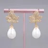 GuaiGuai Jewelry White Sea Shell Pearl Gold Color Plated Cz Micro Pave Drop Earrings For Women Real Gems Stone Lady Fashion Jewellry