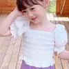 Estilo coreano Slow Sleeve Meninas Princesa Blusas Pure Color Bonito Crianças Tops Verão Crianças Plissadas Camisas Bebê Roupas 210515