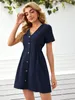 Button Front Solid Dress SHE01