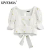 KPytomoa Kvinnor Sweet Fashion Floral Embroidery Cropped Bluses Vintage Pull Hyls Back Bow Tie Female Shirts Chic Tops 210326