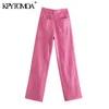 Kpytomoaの女性シックなファッション5つのポケット色ワイドレッグジーンズヴィンテージハイウエストジッパーフライ女性デニムズボンムヤー210809