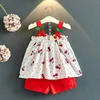 Aankomst Zomer Kinderen Sets Chiffon Riem Print Cherry Tops Red Solid Shorts Leuke 2 stks Meisjes Kleding 2-7T 210629