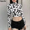 Skinny Tie Dye Frauen T-shirt Harajuku Slim Milch Kuh Druck Stehkragen Langarm Sexy Crop Top T-Shirt Mode Kleidung Rapwriter 210322