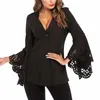 Long Sleeve Hollow Pattern Front One Button Blouse Sexy Stylish Women's Deep V-neck All Matched Black Shirt Blusas Mujer 10302 210518