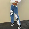 Women Cow Print Patchwork Jeans High Waist Straight Denim Pants Streetwear Casual Female Capris Harajuku Long Trousers Women's