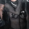 Kadın Seksi Fishnet Punk Kulübü Stil Tulum Siyah Oymak Yüksek Bel Perspektif Uzun Kollu Bandaj Ince Kapak-Up Rompers 210517