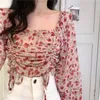 Blouses Femmes Chemises Cotday Vintage Col Carré Blouse Florale Doux À Manches Longues Dames En Mousseline De Soie Femmes Tops Courts Printemps Coréen Casual D