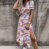 Elegant Mode Blommig Utskrift Split Klänning 2021 Sommar Kvinnor Kortärmad Knapp V-Neck Casual Dress Ladies Slim A-Line Dresses X0521