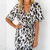 Vestido de media pantorrilla con estampado de leopardo para mujer a la moda, vestidos de fiesta con cuello en V de manga corta para mujer, vestidos ceñidos al cuerpo estilo OL 210520