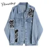 Yitimuceng Imprimer Jean Veste Femmes Vêtements Jeans surdimensionnés Denim Manteau Simple Boutonnage Manteaux coréens Printemps Automne Mode 210601