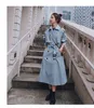 Höst Kvinnor Trenchcoat Med Bälte Kläder Blå Casaco Feminino Harajuku Abrigo Mujer Long Femme 210914
