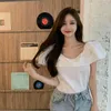 Dames T-shirt Wit Slash Hals T-shirts Off Shoulder Clothing Puff Sleeve Crop Top Dames Koreaanse Mode Kleding Vrouwelijke T-stukken