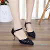 Dress Shoes Women Cute Black Hollow Spring Buckle High Heel Lady Casual Sweet Golden Party Night Club A9555