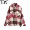 TRAF Women Vintage Stylish Oversized Plaid Jacket Coat Fashion Lapel Collar Long Sleeve Pockets Loose Outerwear Chic Tops 211025