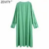 Zeefity Dames Mode V-hals Lange Mouw Groene Kleur Midi Jurk Vrouwelijke Chique Losse Vestido Rechte Kimono Jurken DS8282 210603