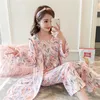 3 pièces Sexy coton pyjama ensembles pour femmes 2021 printemps à manches longues Robes Femme imprimer vêtements de nuit Homewear Pijama Mujer trois pièces ensemble X0526