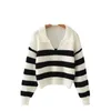 TRAF Kobiety Moda Striped Polo Collar Loose Knit Sweter Retro Długi Rękaw Pulower Streetwear 211007