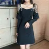 Kimutomo Elegante Abito Sexy Donna Colletto Quadrato Vita Sottile Off Spalla Manica Lunga Vestito da Partito Vestido Feminino Corea Chic 210521