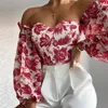Summer Women Sexy Off-the Shoulder Spegnere il torace Stampato a manicotto in chiffon Chiffon Blouse Women Tops 210521