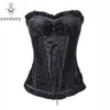 Corstory Black Brocade Kant Corset met Trimed Overbust Staal Uitgebeelde Taille Cincher Bustier Steampunk Victoriaanse Push Up Bodyshaper