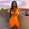 Karlofea Summer Orange Everyday Wear Mini Robe Sexy High Cut Hollow Out Lace Up Ruché Wrap Chic Ruffles Tenues 210623