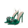 Sandales grande taille 35-42 vert Satin femmes talons hauts 11.5CM femme bout pointu strass nœud papillon chaussures Sexy pompe