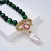 GuaiGuai Jewelry 18" 12mm Green Tiger Eye Necklace White Keshi Pearl Cz Pendant