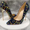 Dress Shoes Blue Bling Sequins Women Sexy Extremely High Heels Pointed Toe Slip On Stiletto Chic Pumps Ladies Party Wedding