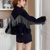 Personality fashion tassel Pearl Beading Short Denim Jackets Women Black Long Sleeve Vintage Casual Bat Jean Jacket Bomber Coat 210520