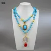 Smycken 2Rows Blue Turquoises Halsband Keshi Pearl Clear Quartzs Buddha Head Red Coral Pendant 20 "Religiös stilkedjor