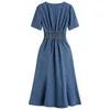 Verão Mulheres Roupas Denim Maxi Dress Mulheres V-Pescoço V-Neck Split Cintura Elástica Feminino Vestidos Vintage Sundress Chic Femme Robe 210529