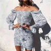 Trendy Square Neck Floral Print Dress Kobiety Z Długim Rękawem Bodycon Mini Dress Boho Beach Dress for Girls Party Odzież 210806