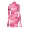 Isarose Tie-Dye High Slit Robe Spring Turtleneck Ultra Long Flare Manches Stretch Sexy Slim Mini Robes Party Club Outfit 210422