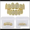 Luxury Bling Zircon Teeth Brushed Street Fashion Rappers M￤n kvinnor 18K Gold Rhodiium Plated Copper Hip Hop Grillz 2 -stycken Set Vampire Me