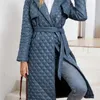Vintage za lace up lapel puffer jacket women winter Office lady rhombus pattern straight parka Fashion long quilted coat 211130