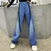 [DEAT] Casual Solid Blue Stretch Patchwork High Waist Zippers Dekoration Streetwear Wide Leg Pants Mall Goth Spring GX479 210428