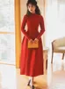 2021 Winter Long Dress Women Autumn Vintage Half High Colar Long Sleeve Ruched Knitting Dress Fashion Elegant Lady Sweater Dress G1214