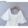 Moda Kadınlar Çiçek Beyaz Parti Elbise Kadın Seksi Kare Boyun Flare Kol A-Line Mini Yaz Vestido 210430